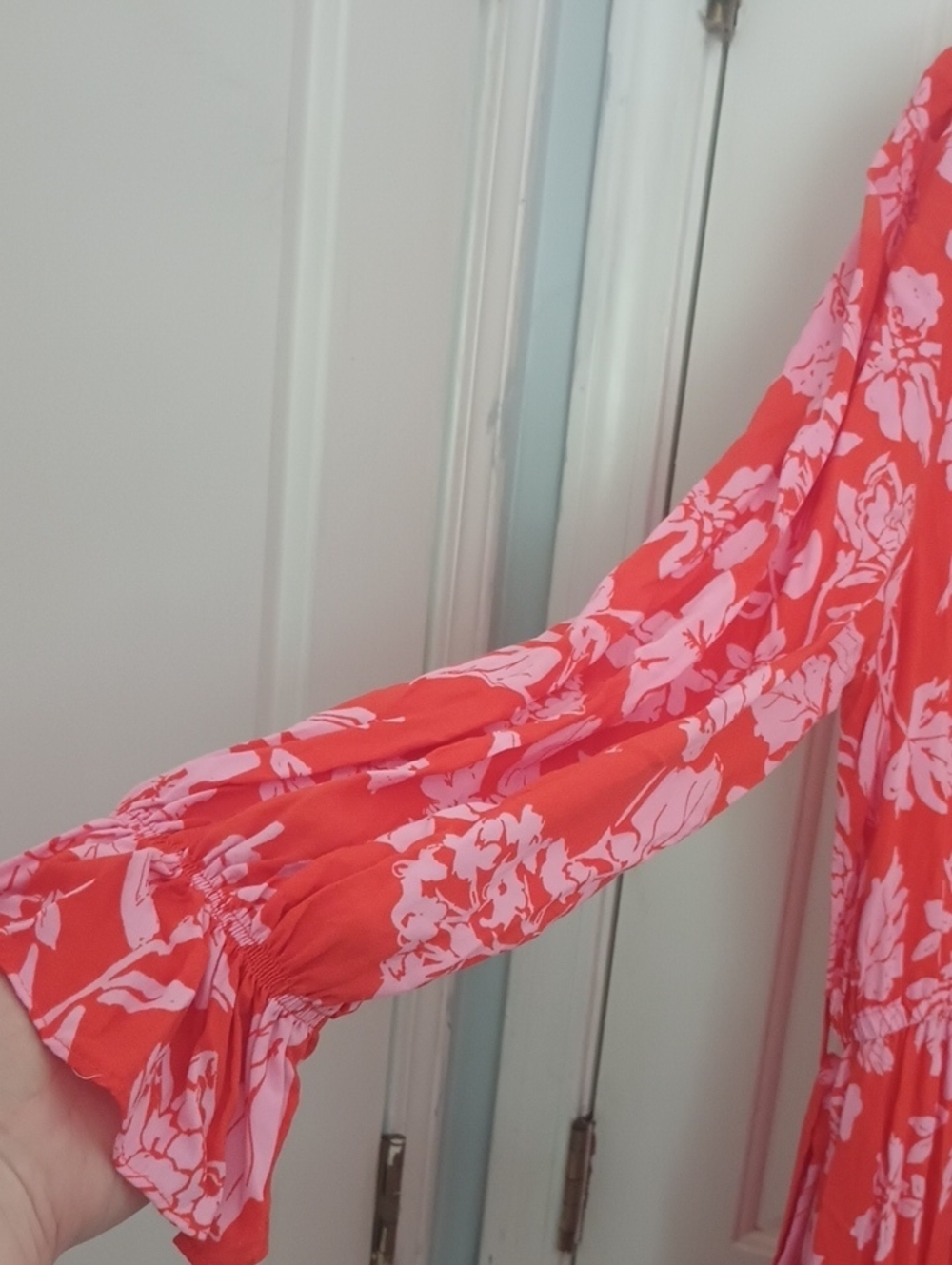 Absolutely Famous Coral and Light Pink Floral V-Neck Long Sleeve Tiered Dress - Picture 4 of 11